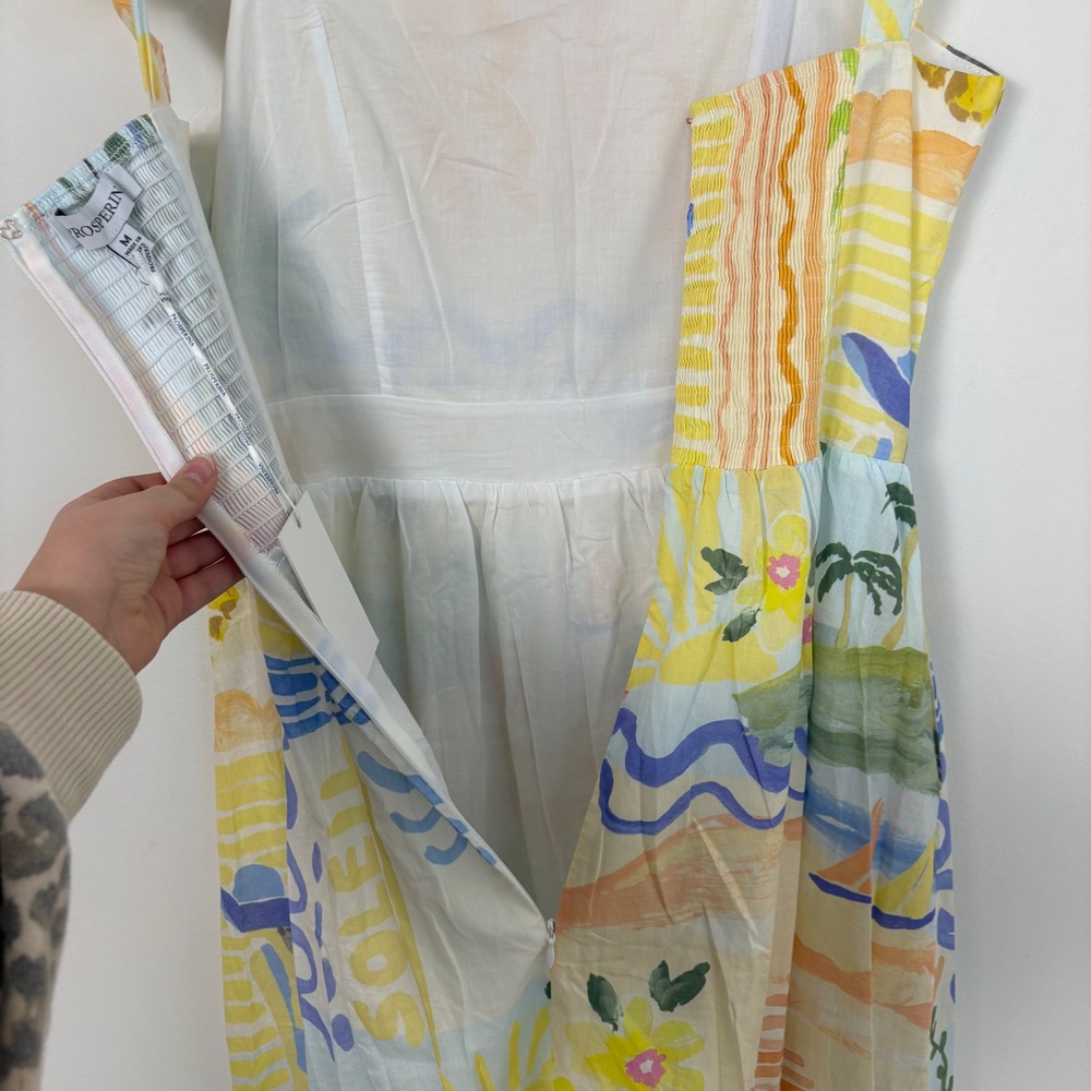 Prosperina Nicola Multi Print Midi Dress Women M Ruffle Coastal Summer NWT - Picture 8 of 13